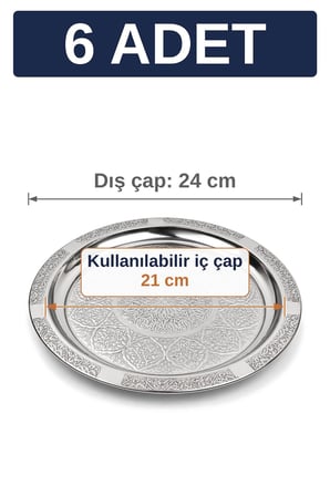 24 cm Otantik Desenli Krom Çelik Kebap, Izgara, Meze ve Servis Tabağı - 6 Adet