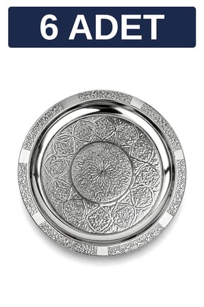 24 cm Otantik Desenli Krom Çelik Kebap, Izgara, Meze ve Servis Tabağı - 6 Adet