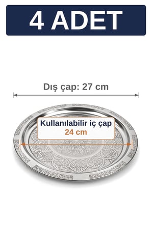 27 cm Otantik Desenli Krom Çelik Kebap, Izgara, Meze ve Servis Tabağı - 4 Adet