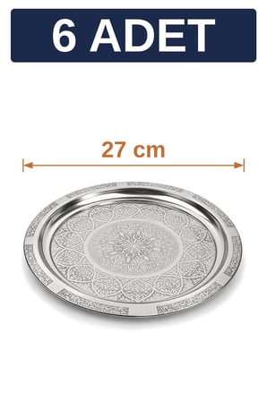 27 cm Otantik Desenli Krom Çelik Kebap, Izgara, Meze ve Servis Tabağı - 6 Adet