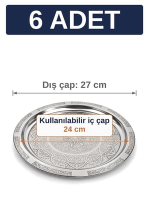 27 cm Otantik Desenli Krom Çelik Kebap, Izgara, Meze ve Servis Tabağı - 6 Adet