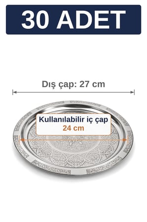 27 cm Otantik Desenli Krom Çelik Kebap, Izgara, Meze ve Servis Tabağı - 30 Adet