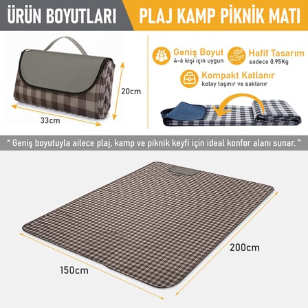 Piknik Örtüsü, Çanta Kamp Matı, Plaj Matı, Piknik Yer Örtüsü, Seyahat, Kamp, Outdoor, Park Çim Kum Tutmaz, Su Geçirmez, Kullanışlı Çanta Model, Katlanabilir 200x150cm - Kahve Ekose