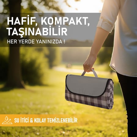 Piknik Örtüsü, Çanta Kamp Matı, Plaj Matı, Piknik Yer Örtüsü, Seyahat, Kamp, Outdoor, Park Çim Kum Tutmaz, Su Geçirmez, Kullanışlı Çanta Model, Katlanabilir 200x150cm - Kahve Ekose