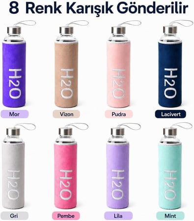 Deconox Peluş Kılıflı Cam Matara 600 ml, Metal Vidalı Kapaklı ve Taşıma Askılı Su Şişesi, 1 Adet, 8 Renk Asorti Gönderim – Renk Seçilemez