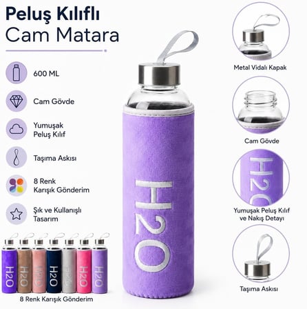 Deconox Peluş Kılıflı Cam Matara 600 ml, Metal Vidalı Kapaklı ve Taşıma Askılı Su Şişesi, 1 Adet, 8 Renk Asorti Gönderim – Renk Seçilemez