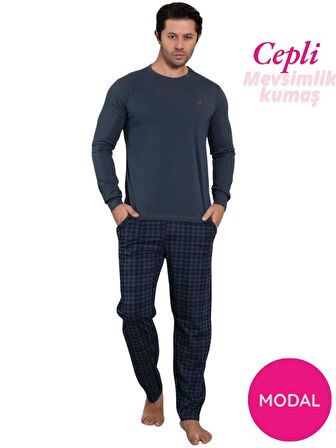 Erkek Bisiklet Yaka Düğmesiz Ekose Desen Modal Mevsimlik Uzun Kol Manşetli Cepli Pijama Takımı
