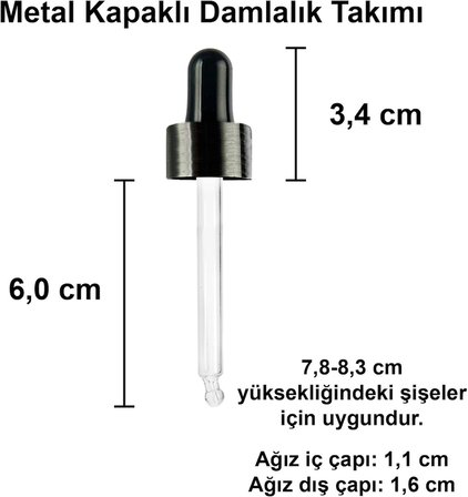 30 ml Metal Kapaklı Damlalık Dropper Şişesi Serum 30 cc Cam Şişe 6 Adet (Siyah Kapak, Şeffaf)