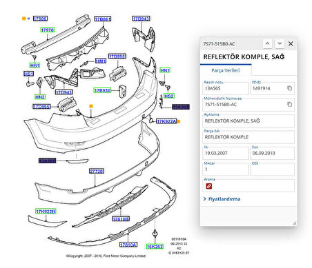 Arka Tampon Reflektörü R Mondeo 07  ( FSE11419003 - 7S71515B0AC )