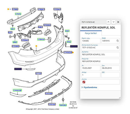 Arka Tampon Reflektörü L Mondeo 07  ( FSE11419002 - 7S71515C0AC )