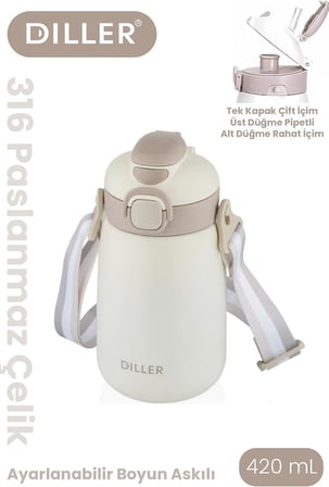 DILLER 420 ML Pipetli/Pipetsiz Tek Kapak Çift Kullanım Askılı Çelik Termos Su Matarası 6 saat sıcak/soğuk Beyaz