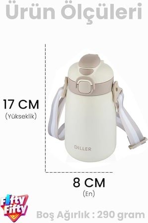 DILLER 420 ML Pipetli/Pipetsiz Tek Kapak Çift Kullanım Askılı Çelik Termos Su Matarası 6 saat sıcak/soğuk Beyaz