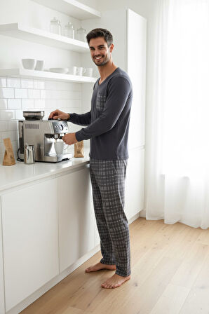 Erkek V Yaka Düğmesiz Göğüs Cepli Yumuşak Termal Bilek Manşetli Kışlık Uzun Kol Cepli Pijama Takımı 