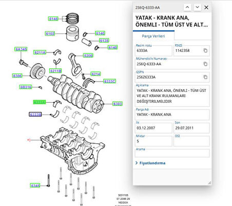 Ana Yatak Takım  1.5 1.6 D  Courier Focus Fiesta 206 207 208 307 308 2008 3008 Partner C2 C3 C4 Berlingo  ( GLYH10665STD   - 2S6Q6333AA  )