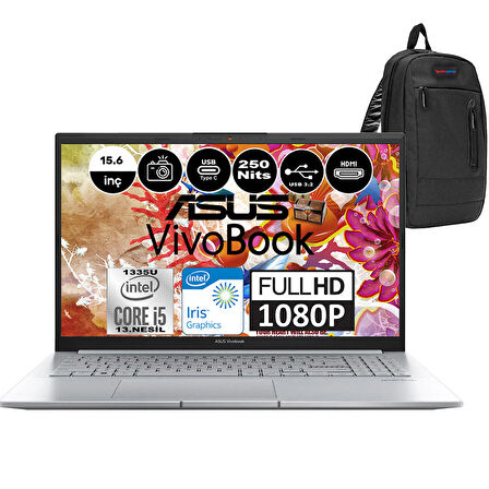 Asus VivoBook X1504VA İntel Core i5-1335U 16GB 512GB SSD Iris Xe Graphics 15.6″ Full HD FreeDos Taşınabilir Bilgisayar WNJ104F04+Weblegelsin Çanta