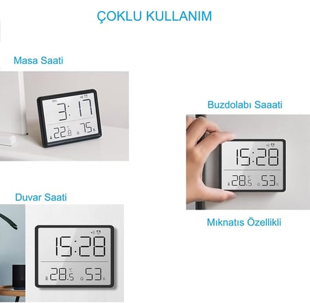 Mıknatıslı LCD Dijital Ekran 9x7 cm Pilli Mini Saat Alarm Saat Nem Göstergesi Sıcaklık Ölçer