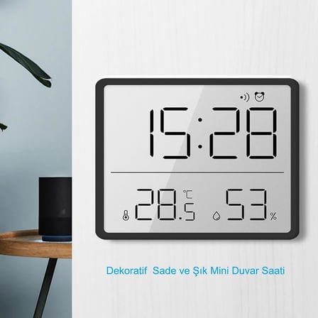 Mıknatıslı LCD Dijital Ekran 9x7 cm Pilli Mini Saat Alarm Saat Nem Göstergesi Sıcaklık Ölçer