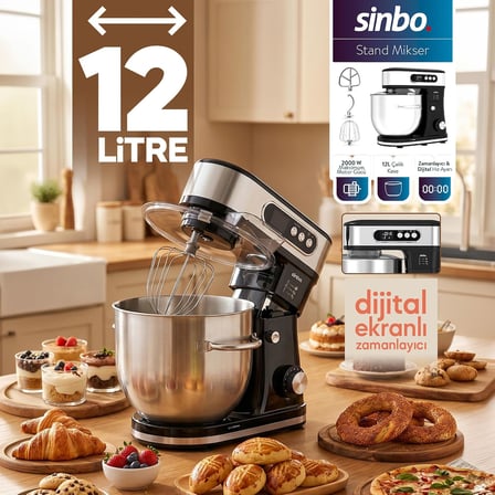 Sinbo SMX-2779 Stand Mikser 2000W, 12 L Paslanmaz Çelik Hazne, Dijital Ekranlı, Zaman Ayarlı, 8 Hız Kademeli, Hamur Yoğurma Makinesi, Mutfak Şefi, Çırpıcı ve Hamur Kancalı