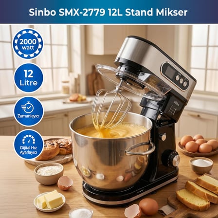 Sinbo SMX-2779 Stand Mikser 2000W, 12 L Paslanmaz Çelik Hazne, Dijital Ekranlı, Zaman Ayarlı, 8 Hız Kademeli, Hamur Yoğurma Makinesi, Mutfak Şefi, Çırpıcı ve Hamur Kancalı