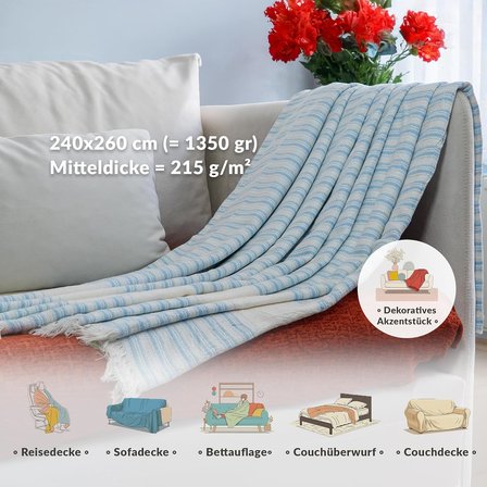 Kanepe, Koltuk ve Yatak Örtüsü - 240x260 cm - Bambuviskon Kumaş - Nefes Alır ve Yakmaz - Oturma Odası ve Yatak Odası Dekorasyonu - Hafif Yazlık Battaniye - Turkuaz