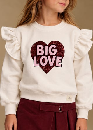 Kız Çocuk Big Love Kalp Baskılı Sweatshirt | Omuzları Fırfırlı | 3–9 Yaş | RG1793