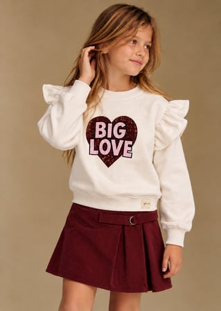 Kız Çocuk Big Love Kalp Baskılı Sweatshirt | Omuzları Fırfırlı | 3–9 Yaş | RG1793