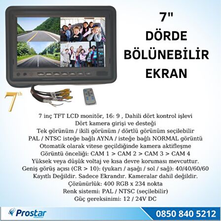 Okul ve Servis taşıtları için Dörde bölünebilen 7" Ekranlı Full Set