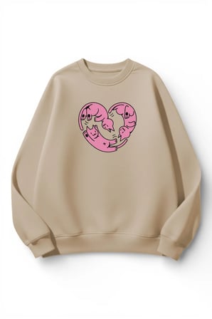 Unisex Yumuşak Dokulu Kedi Kalp Baskılı Tasarım Oversize 3 İplik Bisiklet Yaka Sweatshirt