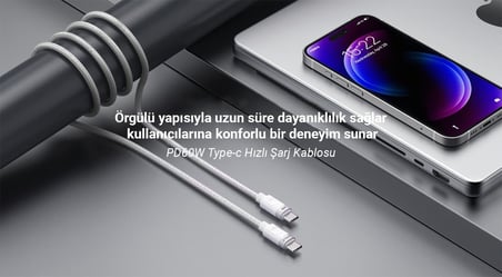 60W 3A PD Type-C to Type-C Hızlı Şarj ve Data Kablosu Siyah 1 Metre