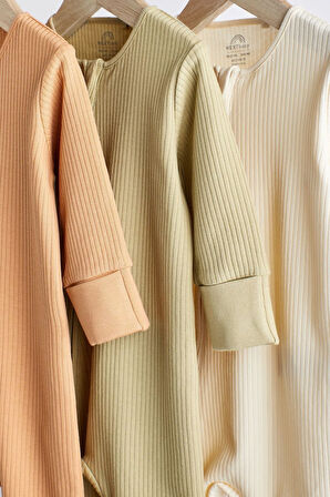 Next Baby % 100 Pamuklu Adaçayı Yeşili Turuncu Ribanalı Ayaksız 3’lü Tulum Set