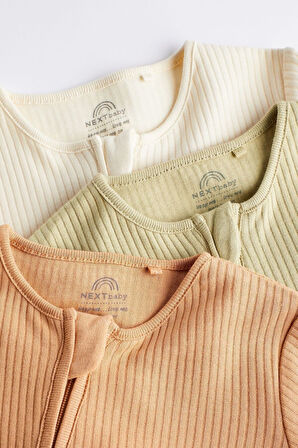 Next Baby % 100 Pamuklu Adaçayı Yeşili Turuncu Ribanalı Ayaksız 3’lü Tulum Set