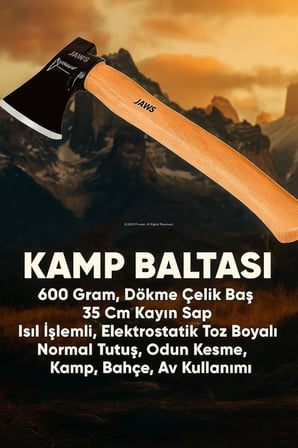 Jaws Kamp Baltası, 600 Gram, Dökme Çelik Baş, 35 Cm Kayın Sap, Isıl İşlemli, Elektrostatik Toz Boyalı, Normal Tutuş, Odun Kesme, Kamp, Bahçe, Av Kullanımı