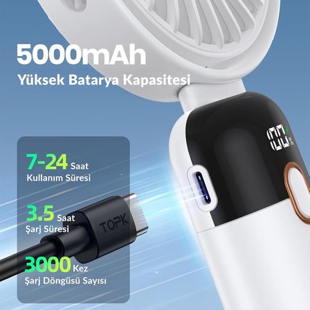 K70 Taşınabilir Şarjlı El Vantilatörü 2400mAh 360° Döner Başlıklı Standlı Dijital Ekranlı Soğutucu Fan Beyaz
