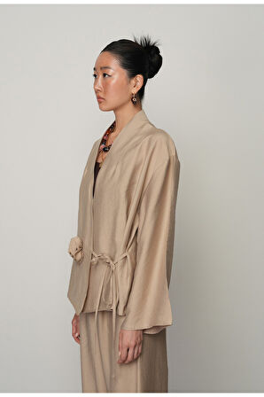 Kadın Gül Detaylı Yandan Bağlamalı Düz Renk Kimono-Ceket