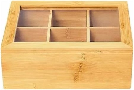 Bambu Çay Kutusu 6 Bölmeli, Şeffaf Kapaklı Çay ve Bitki Çayı Saklama Kutusu, Doğal ve Dayanıklı Tasarım