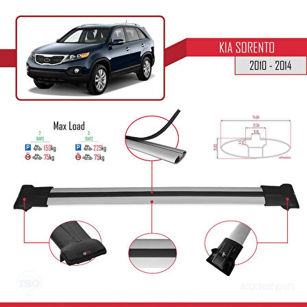 Kia Sorento 2 (XM) 2010-2014 Arası ile Uyumlu FLY Model Ara Atkı Tavan Barı Gri 2 Adet