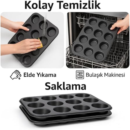 12 Gözlü Metal Muffin Kalıbı – Yapışmaz Kaplama, Fırın Uyumlu, Dayanıklı Siyah Muffin ve Cupcake Tepsisi, Kek Kalıbı