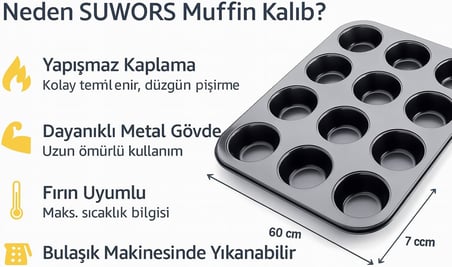 12 Gözlü Metal Muffin Kalıbı – Yapışmaz Kaplama, Fırın Uyumlu, Dayanıklı Siyah Muffin ve Cupcake Tepsisi, Kek Kalıbı
