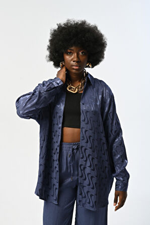 Kadın İndigo Renk Desenli Oversize Tesettür Gömlek