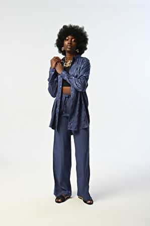 Kadın İndigo Renk Desenli Oversize Tesettür Gömlek