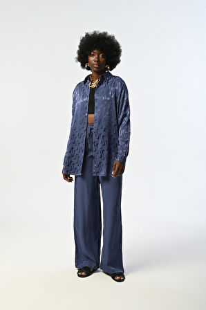 Kadın İndigo Renk Desenli Oversize Tesettür Gömlek