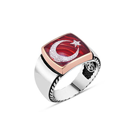 Amberkan Mineli Hilalde Kelime-i Tehvid Yıldızda Besmele Yazılı Erkek Yüzük
