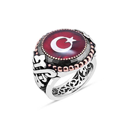 Amberkan Mineli Türk Bayrağı Kenarı Çember Taşlı Erkek Yüzük
