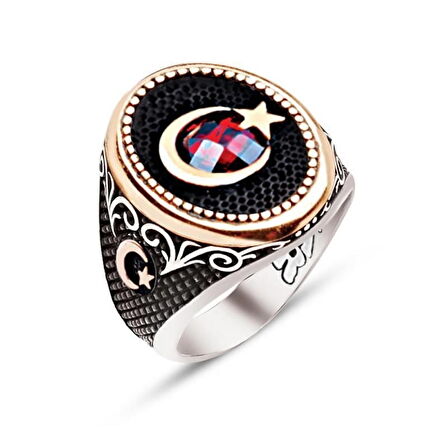 Amberkan Gümüş Türk Bayrağı Ay Yıldız Temalı Zirkon Taşlı Yüzük
