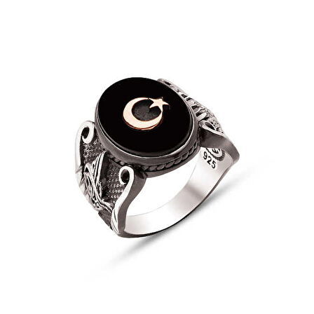 Amberkan Gümüş Oniks Taş Üstü Ay Yıldız Temalı Kenarları Osmanlı Devlet Armalı ve Osmanlı Tuğralı Yüzük
