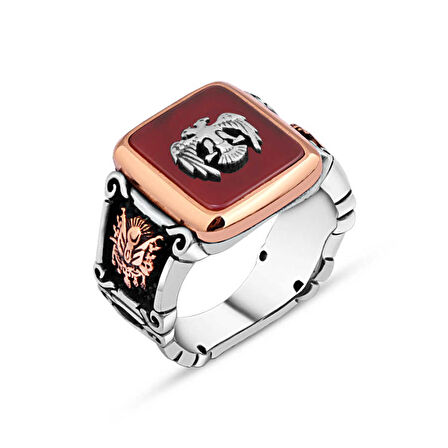 Amberkan Akik Taş Üzeri Çift Başlı Erkek Yüzük