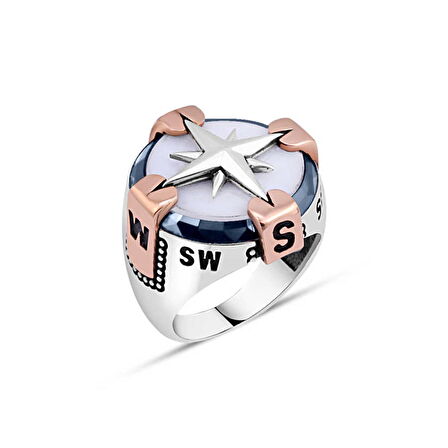 Amberkan Beyaz Oniks Taşlı Pusulalı Erkek Yüzük