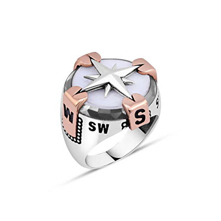 Amberkan Beyaz Oniks Taşlı Pusulalı Erkek Yüzük