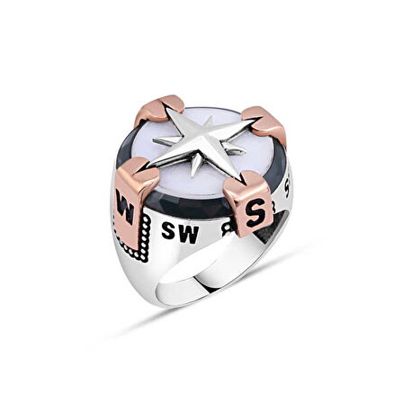 Amberkan Beyaz Oniks Taşlı Pusulalı Erkek Yüzük