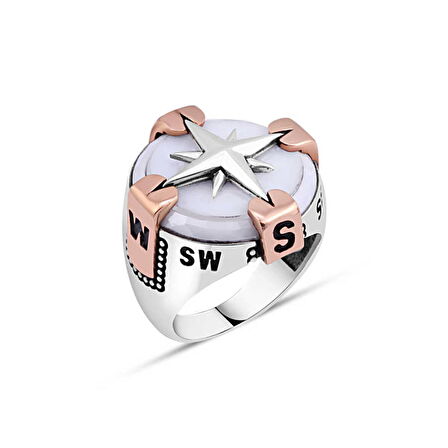 Amberkan Beyaz Oniks Taşlı Pusulalı Erkek Yüzük